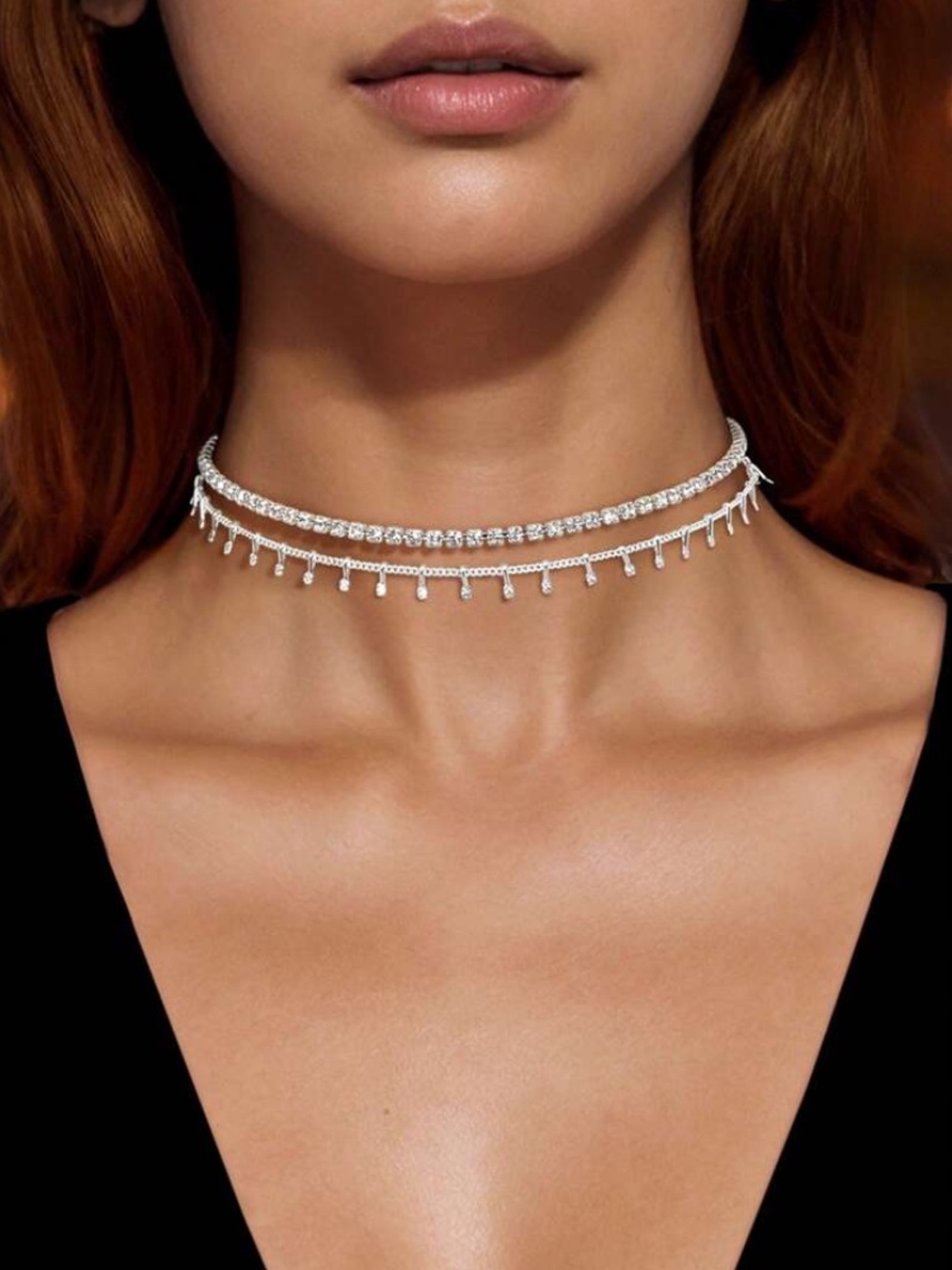 Elegant Silver Crystal Double-Layer Choker Necklace